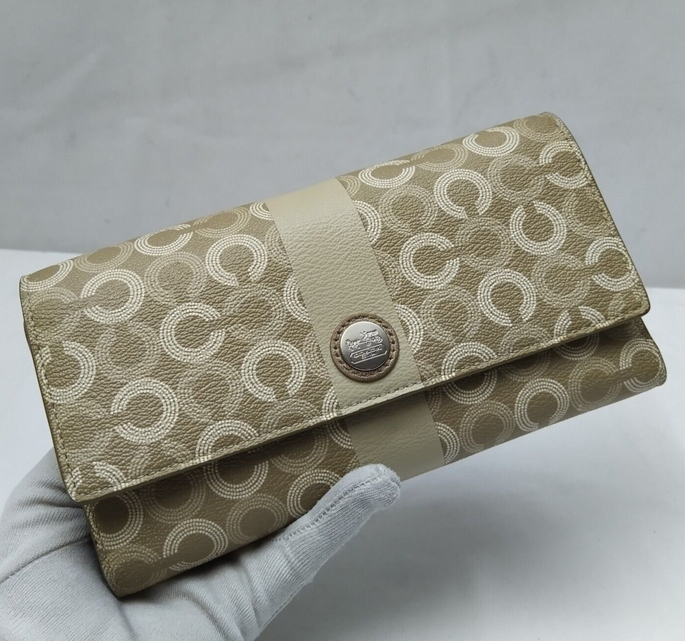 Coach Signature Light Tan Leather Credit Card ID Window Trifold Wallet